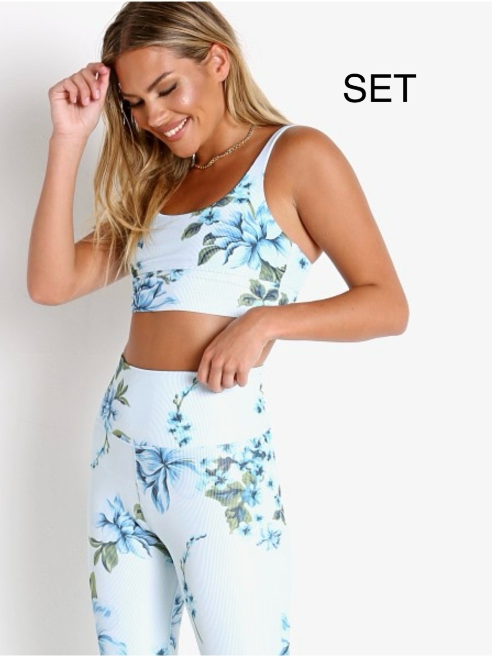NWTs Beach Riot Piper Floral High-Waist Leggings & Sports bra Set - Light Blue